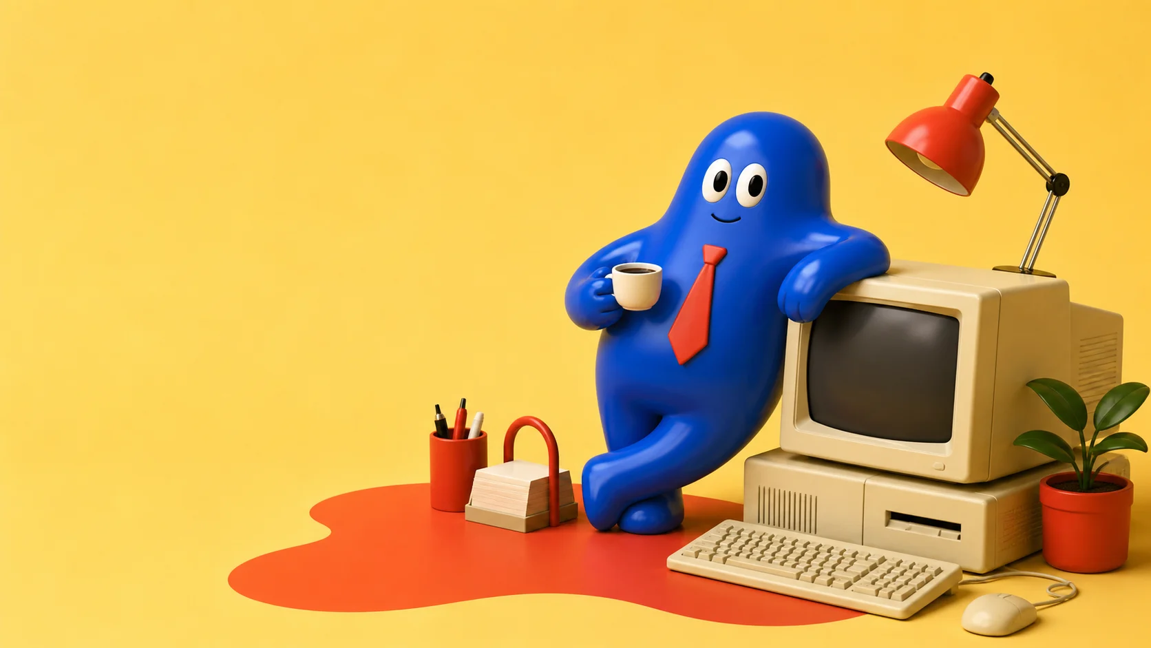 A cheerful blue office mascot in a red tie, holding coffee beside a retro computer