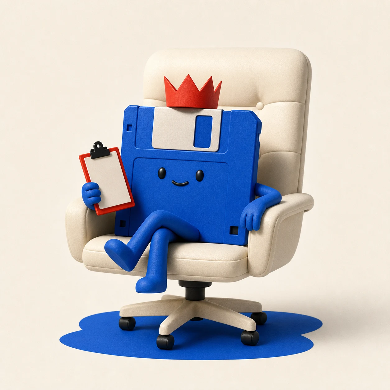 A blue floppy disk executive wearing a red crown and holding a clipboard